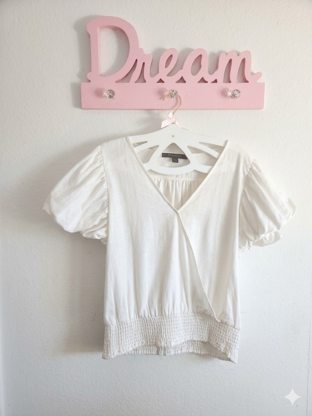 White V-Neck Puff Sleeve Smocked-Hem Blouse - Women Linen
